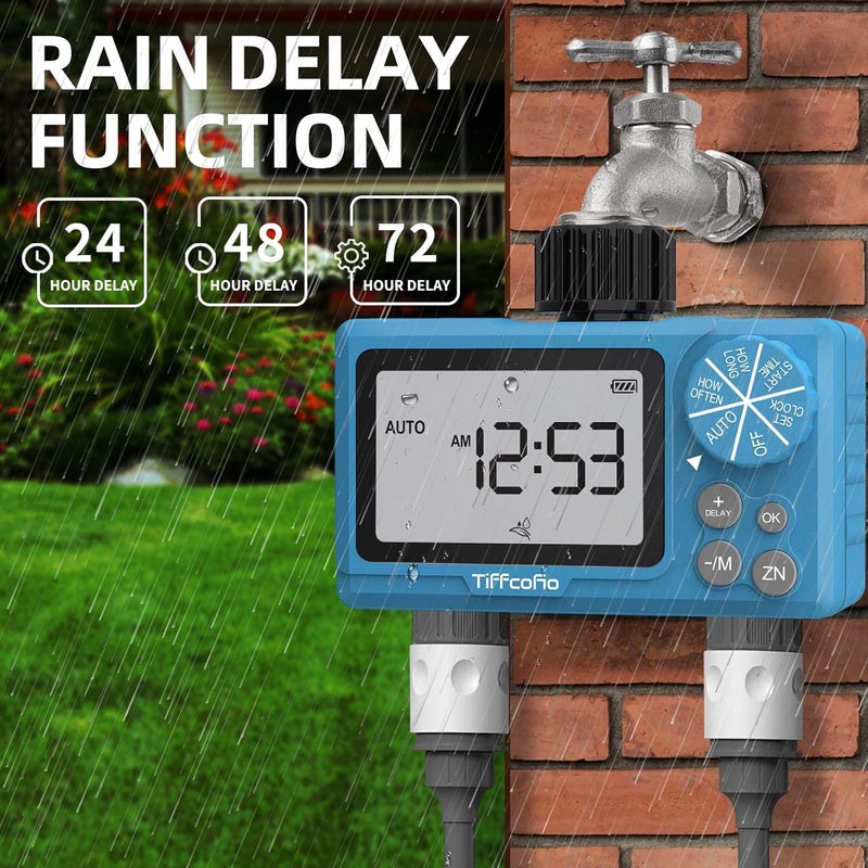 Tiffcofio Sprinkler Water Timer Outdoor, 2 Outlets Digital Pogrammable for Garden Hose, Irrigrtion Timer with Rain Delay and Manual Mode (1 Pack) - Image 4